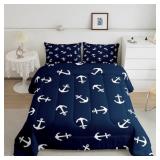 Manfei Summer Anchor Comforter Set Full Size, Nautical Anchor Bedding Set 3pcs for Kids Boys Teens Bedroom Decor, Fashion Navy Blue Quilt Set Soft Polyester Duvet Set with 2 Pillowcases