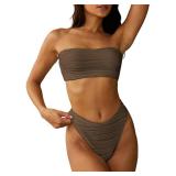 ZAFUL Women Strapless Textured Bandeau Bikini 2 Piece Swimwear Cheeky Solid Lace up Bathing Suits(1-Deep Coffee-CH,Large)