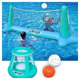 JOYIN Inflatable Pool Float Set Volleyball Net & Basketball Hoops, Floating Swimming Game Toy for Kids and Adults, Summer Floaties, Volleyball Court (105x28x35)|Basketball (27x23x27),L-Blu