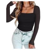 PINKMSTYLE Mesh Square Neck Bodysuit for Women Long Sleeve Shirts Shapewear Corset Top Sexy Country Concert Outfits Black Small