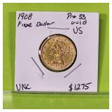 1908 $5 Liberty Gold Coin - Unc