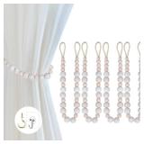 Hion 4 Pcs Boho Curtain Tiebacks,Wood Beads Curtain Holdbacks,Outdoor Farmhouse Tie Backs for Curtains,Curtain Holders for Drapes Home Office Decor with Hooks No Drilling(White Washed)