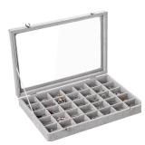 Frebeauty Velvet Jewelry Tray,35 Grid Jewelry Organizer with Clear Lid,Earring Holder Organizer Case with Clasp,Drawer Insert for Rings Studs,13.8 x 9.5 x 2 Inches,Gift for Women Girls(Grey)