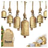 HIGHBIX Set of 7 Harmony Cow Bells Vintage Handmade Rustic Lucky Christmas Hanging Bells Set on Jute Rope