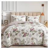 3 Pieces Quilt Set Full/Queen Size, Beige Floral Reversible Bedspread Coverlet Set, Soft Microfiber Lightweight Bed Cover for All Season (90" x 90", 1 Quilt+ 2 Pillow Shams)