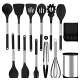 HOUJIP Silicone Cooking Utensil Set,Kitchen Utensils 13pcs Set Non-stick Heat Resistan BPA-Free Stainless Steel Handle?Stainless Steel Rotating Utensils Holder(Black)