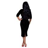 AirZeal Church Dress for Women V Neck 3/4 Sleeve Patchwork Work Business Pencil Bodycon Dresses with Belt