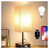 GGOYING Bedside Table Lamp, Pull Chain Table Lamp with USB C+A Charging Ports, 2700K LED Bulb, Fabric Linen Lampshade, Nightstand Lamp for Livingroom Bedroom Office Reading Working