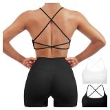 SUUKSESS Women 2 Piece Open Back Sports Bra Pack Strappy Workout Gym Yoga Crops (White & Black, M)