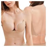 Sexy Code 1701 Womens Low Back Bras Deep Plunge Backless Bra Push Up Bra with Clear Straps, Low Cut Convertible Underwire Bra(SD365YS-Beige-32A)