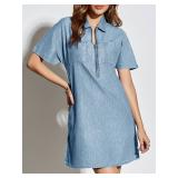 Fisoew Womens Denim Mini Dress Short Sleeve Half Zip Summer Casual Loose Jean Dress with Pockets Medium