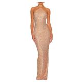 JLCNCUE Women Halter Neck Maxi Dress Open Back Sparkly Sequin Evening Gown Back Hem Slit Bodycon Cocktail Dress 251(Small,Camel)