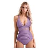 SUUKSESS Women Slimming Tummy Control One Piece Swimsuits Sexy Mesh High Waisted Monokini Bathing Suits (Light Purple, M)