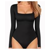 MANGOPOP Black Bodysuits for Women Long Sleeve Square Neck Slim Fitted Tops (Black, Small)