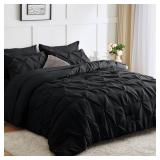 CozyLux Queen Comforter Set - 7 Pieces Bed in A Bag Queen Black Comforters Queen Size Black, Pintuck Pinch Pleat Complete Bedding Sets with Comforter, Flat Sheet, Fitted Sheet and Pillowcases & Shams