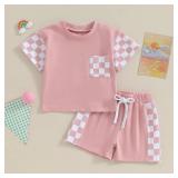 Thorn Tree Toddler Baby Girls Summer Clothes Short Sleeve Pull On T-shirt & Drawstring Shorts Plaid 2Pcs Outfits Set (Pink,18-24 Months)