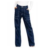 Dokotoo Women Casual High Waist Cargo Jeans Wide Leg Denim Pants Blue Size 14