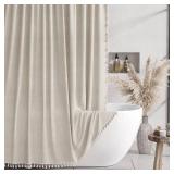 AmazerBath Linen Shower Curtain with Tassels, Beige Shower Curtains for Bathroom, Boho Farmhouse Shower Curtain with Hooks, Faux Linen Rustic Shower Curtain Fabric, Water Repellent, 72x72 Inches