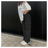 Viatabuna High Waisted Cargo Pants for Women Baggy Y2k Straight Wide Leg Pants with Pockets Streetwear A-black Size L