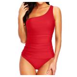 Tempt Me Red Two Piece Swimsuits for Women Tummy Control Bathing Suit One Shoulder Tankini Top with Bikini Bottoms XL