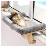 Zakkart Cat Perch for Window Sill with Bolster - Orthopedic Hammock Design with Premium Hardwood & Robust Metal Frame - Cat Window Seat for Large Cats and Kittens - Nartural Color Wood with Gray Bed