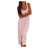 NOLLSOM Women Casual Sleeveless Dresses Summer Striped Sundresses for Vacation Tank Long Dress(White Red,Large)