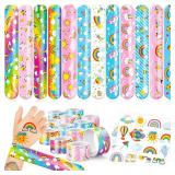 48PCS Rainbow Party Favors 24PCS Tattoos 24PCS Slap Bracelets Wristbands Themed Birthdays Party Supplies Decorations Decor Unicorn Rainbow Magical Pattern Girl Gifts School Classroom Prize Baby Shower