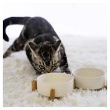 SPUNKYJUNKY Ceramic Dog and Cat Bowl with Wood Stand Non-Slip Matte Glaze Weighted Food Water Set for Cats &Small Dogs 13.5 OZ