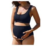 Summer Mae Maternity Ribbed High Waist Swimsuit Crop Top Bikini Bathing Suit High Cut Two Piece Pregnancy Swimwear Navy Large