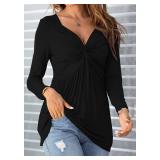 Tankaneo Womens V-Neck Front Knotted Blouse Shirt Long Sleeve Elegant Casual T-Shirt Solid Color Pullover Tops Large