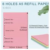 A5 Colorful Refill Paper, [5 Colors] Toplive 100GSM Thick Refillable Paper 6 Hole Filler Inserts Loose Leaf Paper 100 Sheets (200 Pages) for 6 Ring Binder Journal Notebook