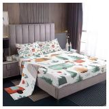 Kids Camper Theme Bed Sheets Set Twin 3Pcs, Happy Camping Bedding Set, Travel Car Rv Accessories Sheets, Botanical Flowers Mountain Adventure Top Sheet, Cute Camper Flat Fitted Sheet Bedroom Decor