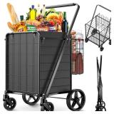 [New] 350LBS Loading Shopping Cart for Groceries,Heavy Duty Grocery Cart with 360Â° Swivel Wheels, Waterproof Liner, Dual Basket, Portable Folding Utility Carts for Seniors,Laundry,Transport - Retai