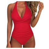 SUUKSESS Women Sexy Tummy Control One Piece Swimsuits Halter Push Up Monokini Bathing Suits (Red, S)