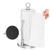 Paper Towel Holder Stainless Steel - One Hand Tear Paper Towel Dispenser Standing Weighted Base Non Slip, Spring Arm, Stainless Steel Paper Towel fits in Kitchen Bathroom Countertop (Silver)