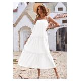 BTFBM Women 2024 Summer Maxi Dresses Sleeveless Spaghetti Strap Casual Sundress Tiered Ruffle Boho Cami Beach Long Dress(Solid White, Small)