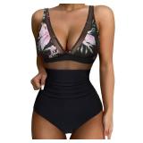 SUUKSESS Women Slimming Tummy Control One Piece Swimsuits Sexy Mesh High Waisted Monokini Bathing Suits (Tropical Floral Black, Medium)