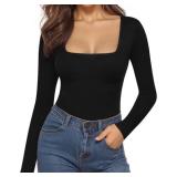 MANGOPOP Black Bodysuits for Women Long Sleeve Square Neck Slim Fitted Tops (Black, Large)