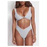 geluboao Two Piece White Bathing Suits for Women High Waisted V Neck Swimsuits Solid Knot Front Push Up Cheeky High Cut Thong Bikini Set XL