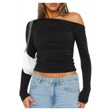 Matunana Womens Long Sleeve Shirts Sexy One Off The Shoulder Y2K Crop Tops Going Out Workout Basic Tees Tight Fitted Cute Copped Outfits Teen Girls Fall 2024 Clothing Black