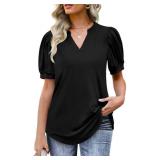 Plus Size Shirts for Women Summer V neck Tunic Tops to Hide Belly Fat Puff Sleeve Tshirts 2024 Spring Black 3XL