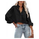 Tankaneo Womens Button Down Cropped Shirts Long Sleeve Casual Crop Tops Solid Lapel Blouse Shirt with Chest Pocket Small