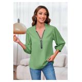 Cnkwei Womens V-Neck Lantern Sleeve Blouse Zipper Design Loose Casual Top Shirts Green XXL