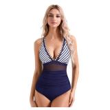 SUUKSESS Women Slimming Tummy Control One Piece Swimsuits Sexy Mesh High Waisted Monokini Bathing Suits (White Blue Stripe, Large)