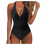 SUUKSESS Women Sexy Tummy Control One Piece Swimsuits Halter Push Up Monokini Bathing Suits (Black, Small)