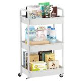 MOYIPIN 3-Tier Plastic Rolling Cart with Handle,Utility Storage Cart with Office, Living Room, Kitchen,Movable Storage Organizer Shelves,White