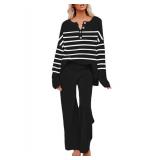 Pink Queen 2 Piece Outfits For Women Trendy Pullover Knit Sweater Tops Sweatpants Fall Pajama Set Black Stripe Small