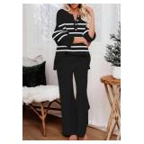 Pink Queen 2 Piece Outfits For Women Trendy Pullover Knit Sweater Tops Sweatpants Fall Pajama Set Black Stripe Small