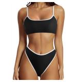 SUUKSESS Women High Waisted Two Piece Bikini Sets Cheeky High Cut Bandeau Swimsuits Push Up Bathing Suit(Black and White,Large)