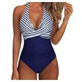 SUUKSESS Women Sexy Tummy Control One Piece Swimsuits Halter Push Up Monokini Bathing Suits (White Blue Striped, L)